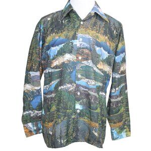 Vintage hippy disco shirt 60s 70s Brady Bunch Button Tree Mountain Lake Print M